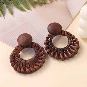 Brown Woven Hoop Earrings Resort Wear Island Vacation Summer Women’s Boho